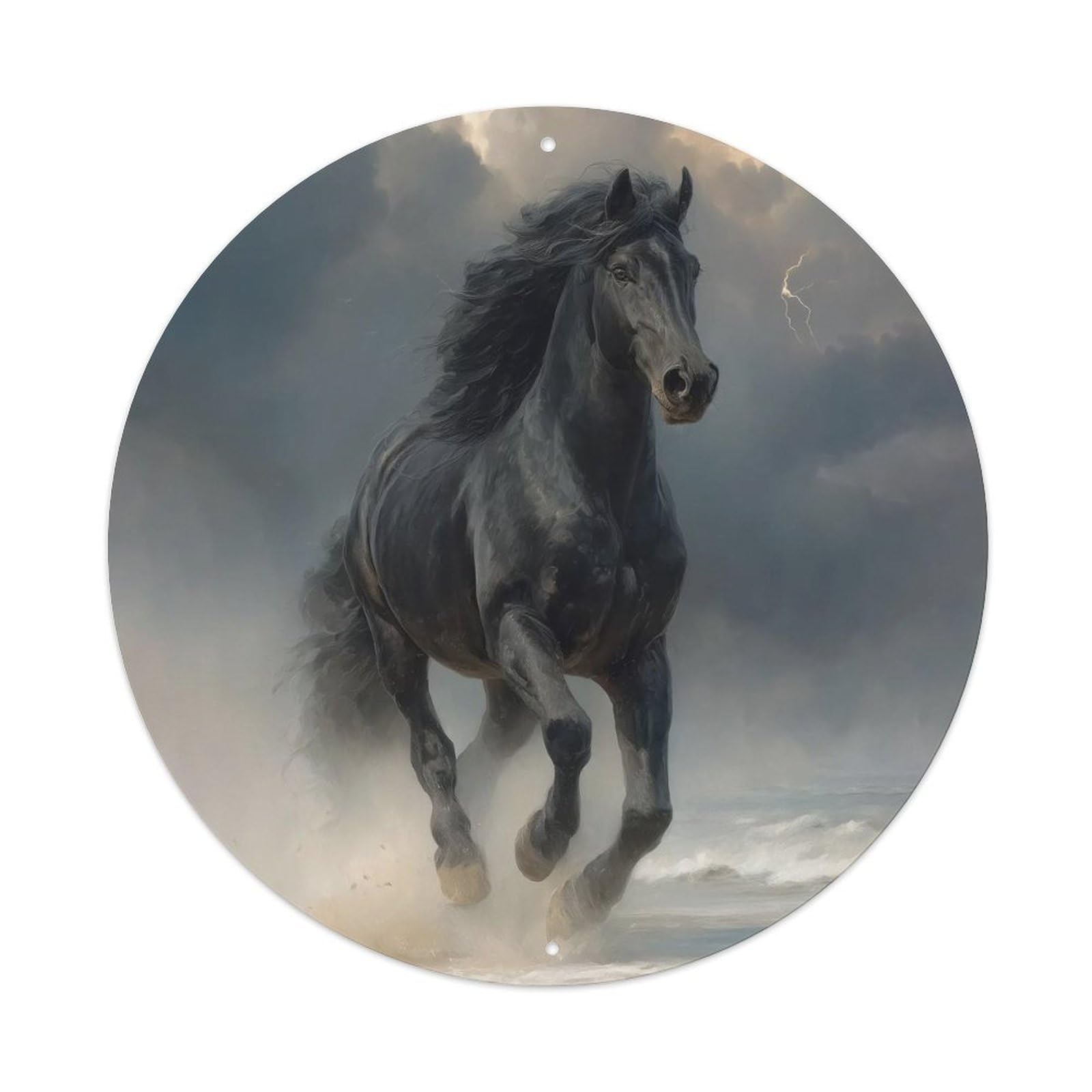 Animal Friesian Horse Galloping on Beach with Lightning Storm Vintage Metal Tin Sign Plaque Wall Decor for Cafe, Club Bar, Office, Garden Metal Poster 8x8Inch
