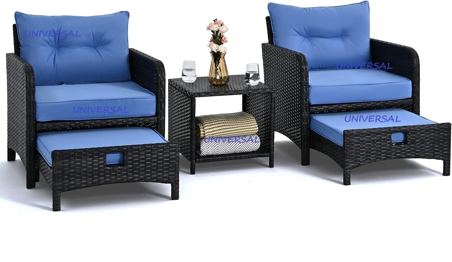 UF 5 Pieces Wicker Patio Furniture Set, Outdoor Patio Chairs with Ottomans, Conversation Furniture with coffetable for Poorside Garden Balcony (Black & Neavy Blue)-image-21