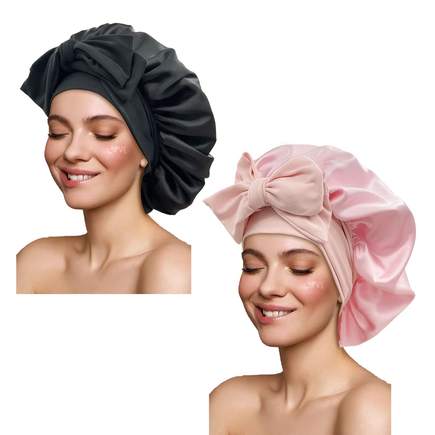 Satin Silk Hair Bonnet for Sleeping Large Bonnets with Tie Band Wrap with Adjustable Straps Night Sleep Caps for Women Curly Braid Hair (Black,Pink)