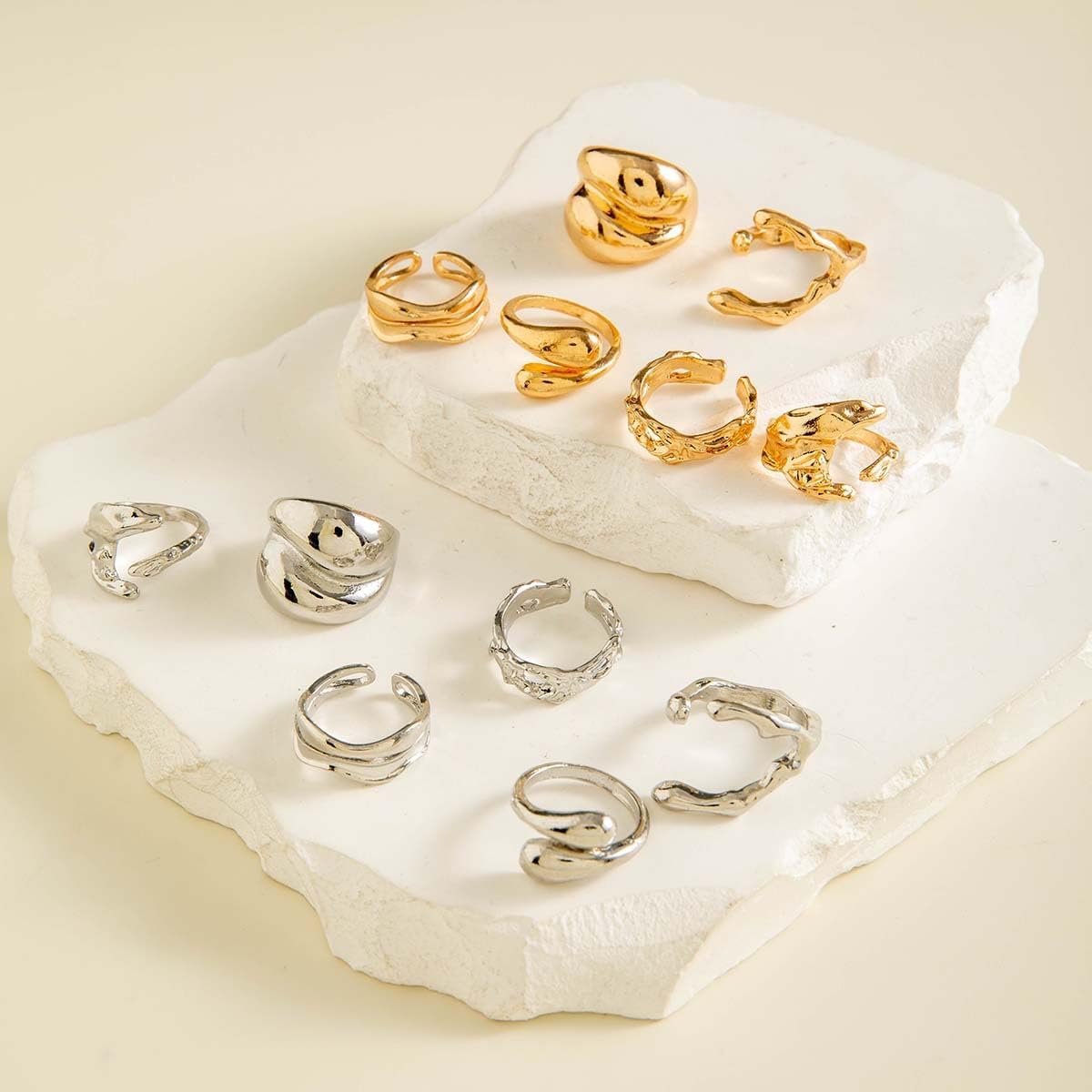 Chunky Gold Rings for Women Stackable Baroque Pearl Knuckle Rings Irregular Geometric Pearls Ring Adjustable Open Statement Ring Set Boho Prom Costumes Fashion Jewelry Accessories - Image 7