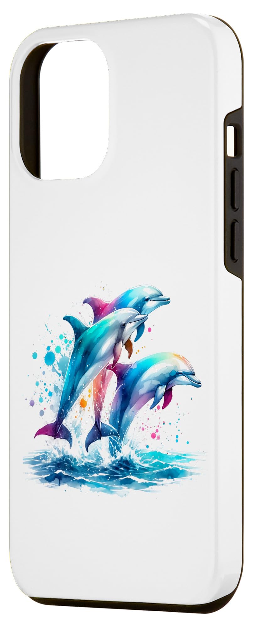 iPhone 12 Pro Max Colorful Watercolor Dolphin Trio Jumping Out Of The Ocean Case - Image 2