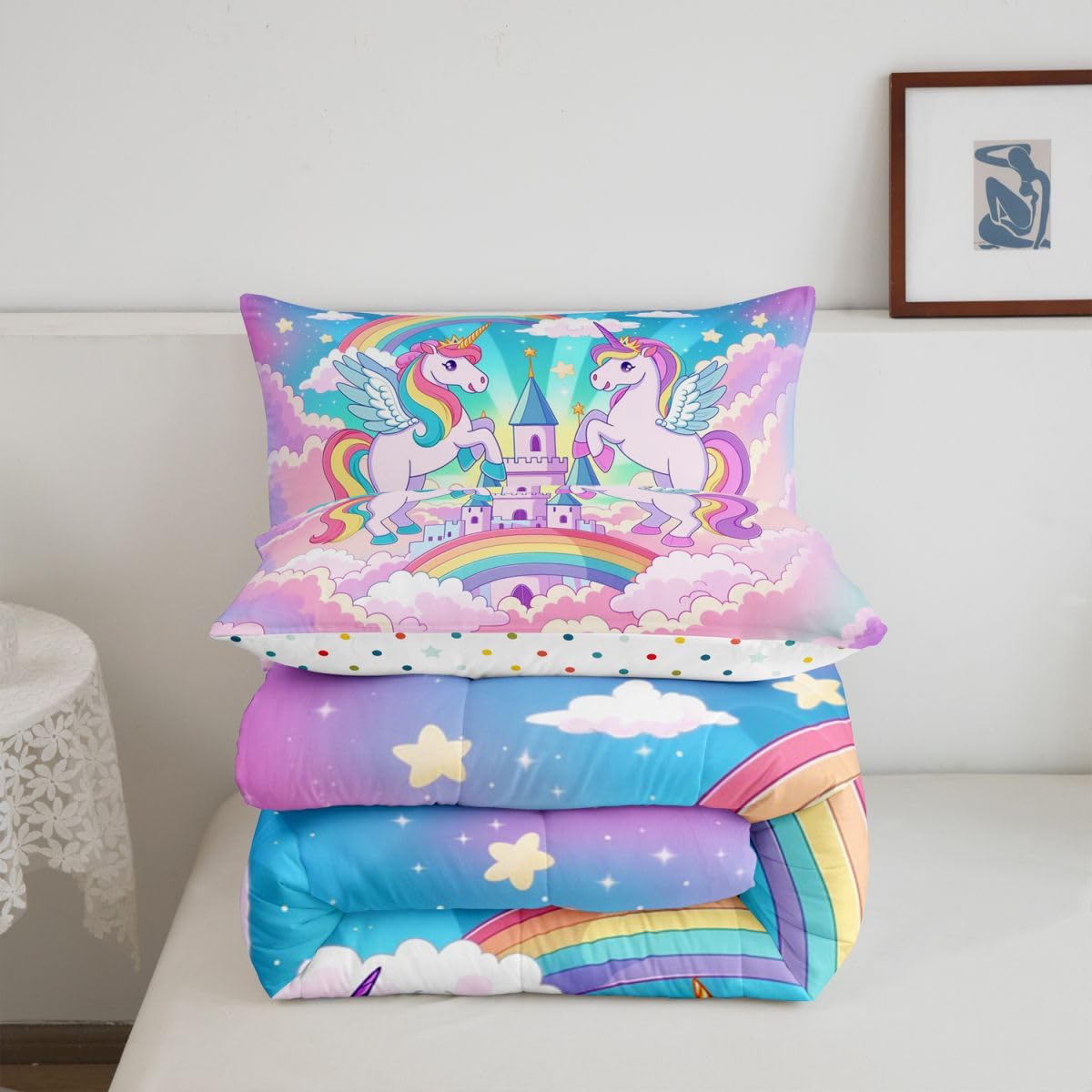 Homewish Kids Castle Marzycielski pojedynczy zestaw pościeli – księżniczka uroczy jednorożec zestaw pościeli kawaii, jednorożec, galaktyka, tęcza, poszewka bez poszewki na poduszkę