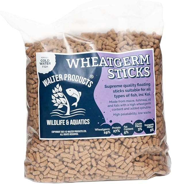 Walters Wheatgerm Fish Food Sticks (1kg Bag), Pond Fish Food Sticks for Koi, Goldfish and all Cold Water Pond Fish, Supreme Nutrition Wheat Germ Pond Sticks with Spirulina