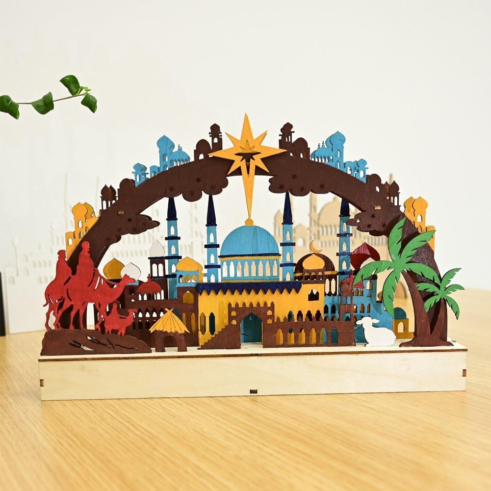 イードムバラク城 置物 木製 LEDライト付き 装飾品 ラマダン イードムバラク ホーム テーブル デコレーション