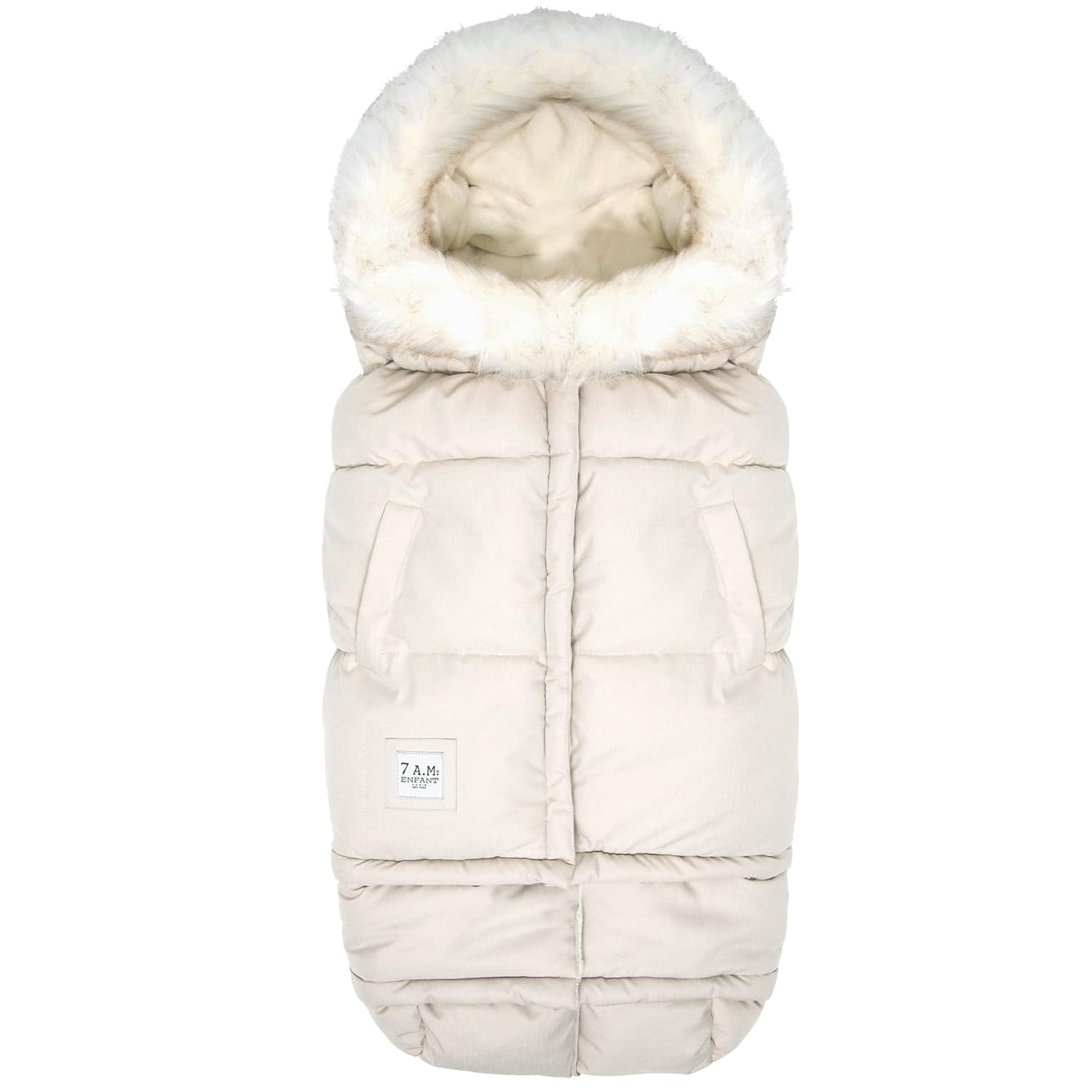 7AM Enfant Stroller Blanket 212 - Adjustable Baby Car Seat Zipped Blanket for Babies Winter, Unisex Multi Purpose Fleece Lined Warm Hooded Toddler Footmuff Water Repellent | (6M - 4T) White Fur & Beige Heather