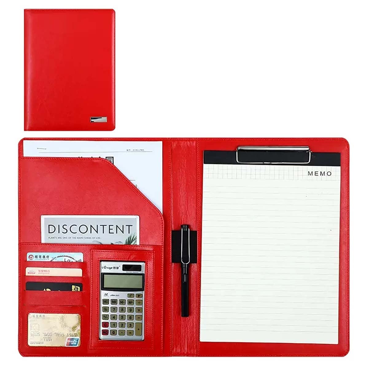 Segregator na dokumenty A4 Padfolio, wielokolorowy organizer ze skóry PU A4 z kalkulatorem 8- lub 12-cyfrowym, czerwony kalkulator 8-cyfrowy,Red-8 digit calculator
