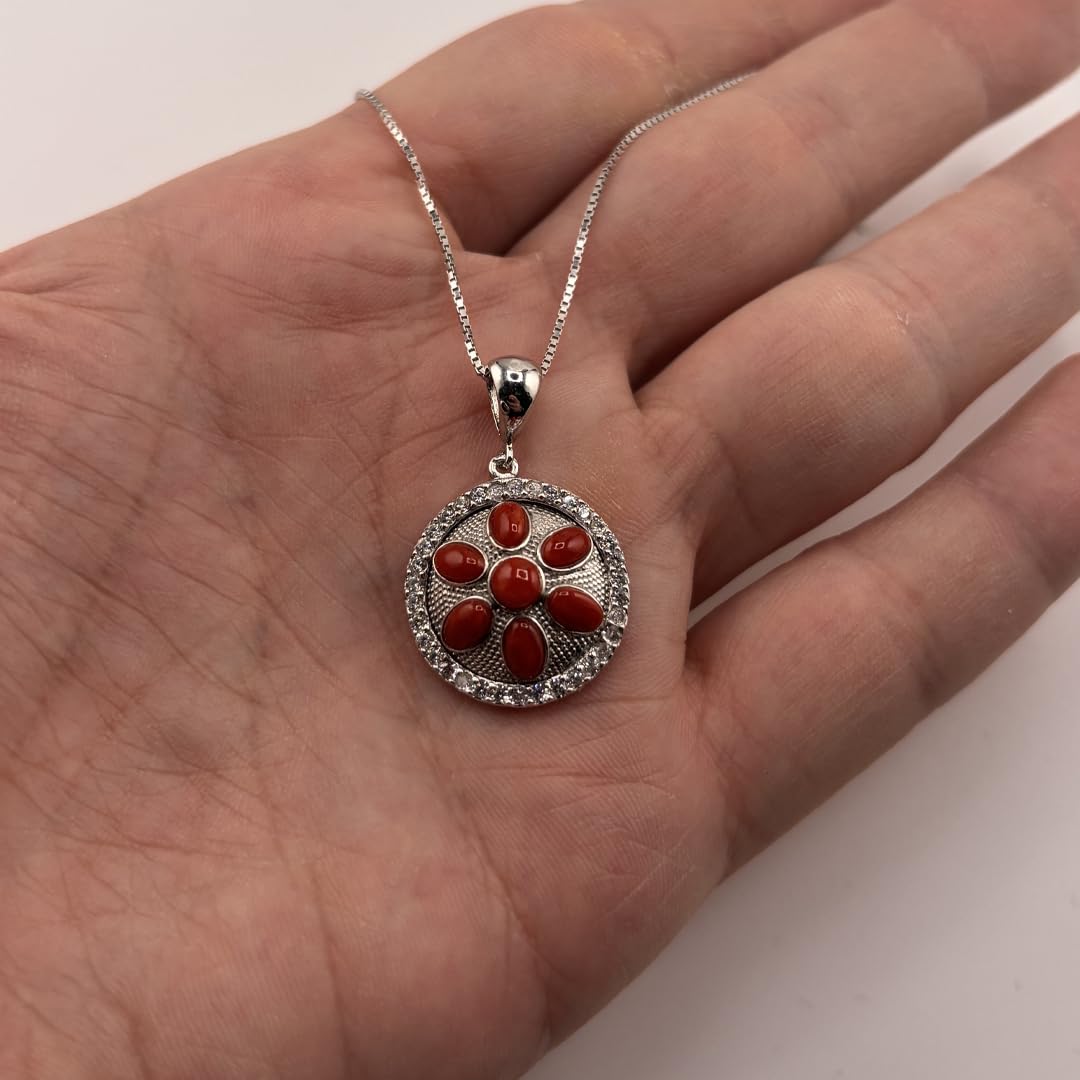 Ciondolo elegante tondo in argento 925 Rodiato con corallo rosso naturale del Mediterraneo catenina veneziana 45 cm gioiello donna ragazza elegante artigianale