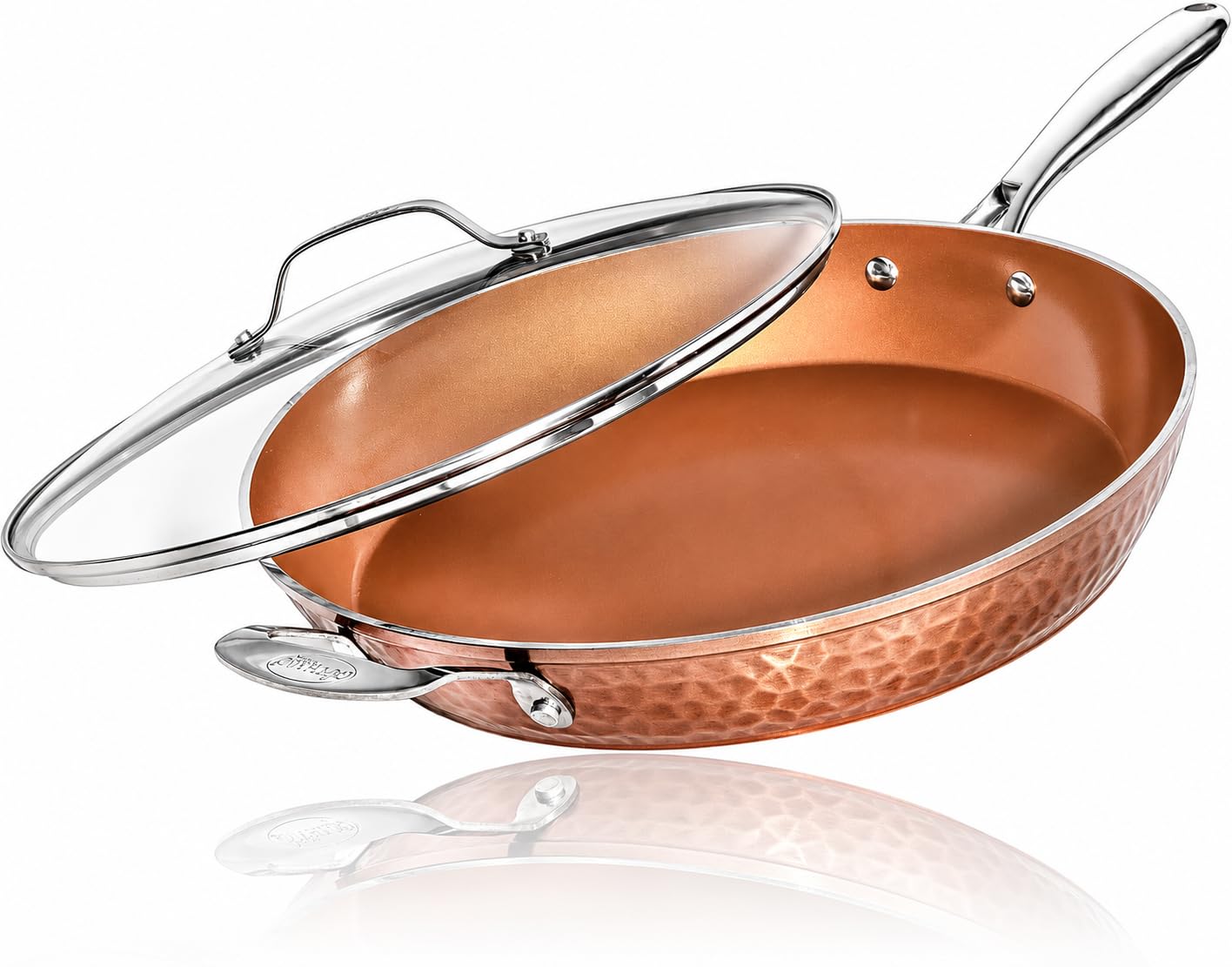 GOTHAM STEEL Poêle à frire antiadhésive de 14 po avec couvercle — Collection Hammered Copper, batterie de cuisine en aluminium de qualité
