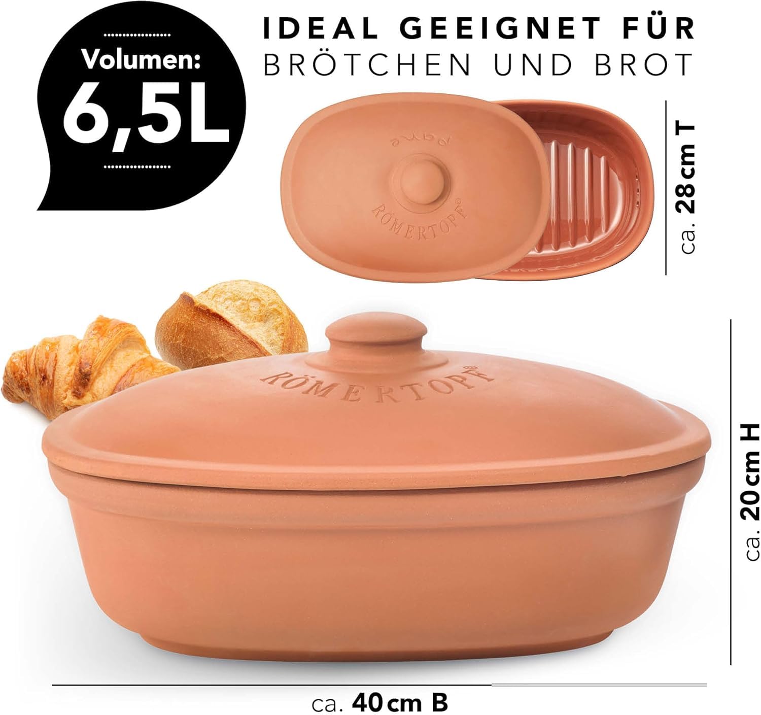 Römertopf Brottopf MAXI Terrakotta – 6,5 L Aufbewahrungsbehälter aus atmungsaktivem Naturton – Brotbox oval mit Deckel – luftdurchlässig & spülmaschinengeeignet