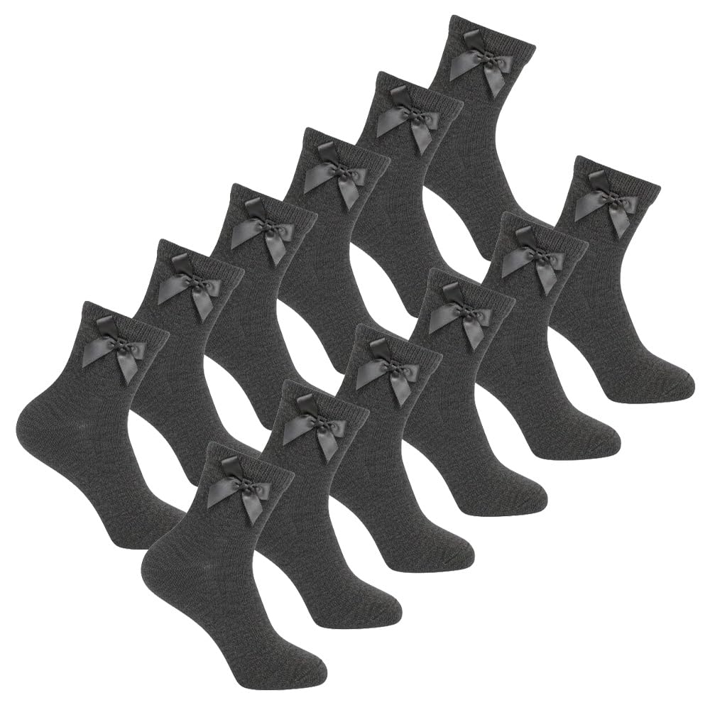 Slumber Hut 12 Pairs Kids School Ankle Bow Socks Grey 12.5-3.5