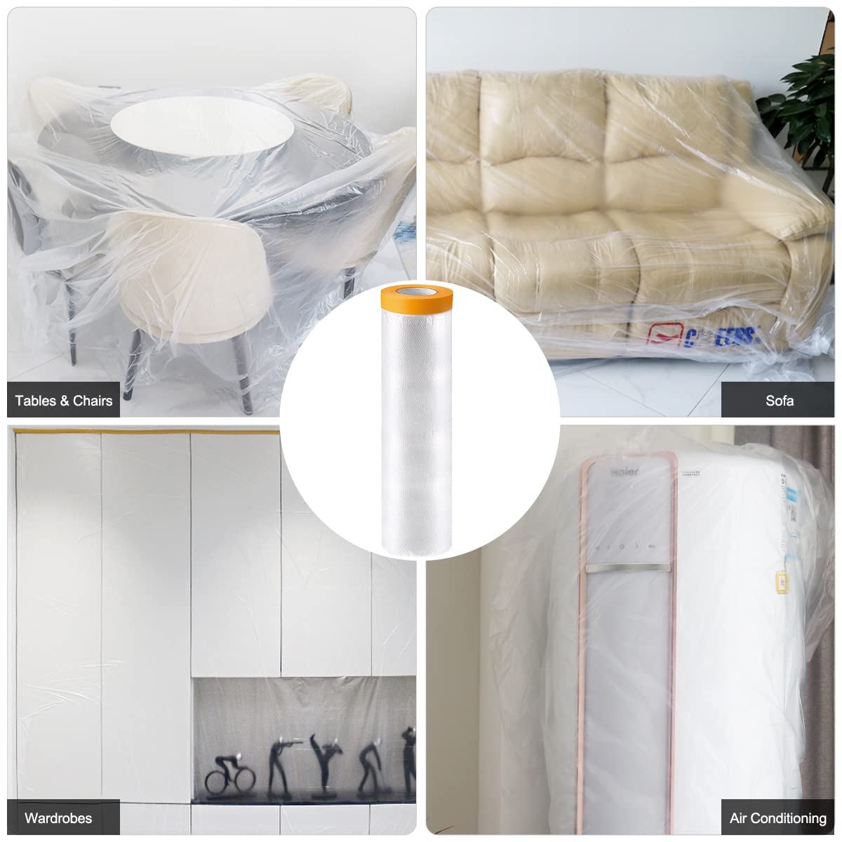 6 Rouleaux Papier de Masquage, 240cm*20M Bache de Protection Transparente, Masker Avec Ruban Adhésif Pour Meuble de Protection (240cm×20m)