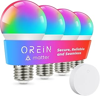 OREiN Matter Smart Light Bulbs with Remote Control Reliable WiFi Light Bulb A19 E26 LED Color Changing Light Bulbs 60W Equi 800LM CRI90 Work with Alexa/Google Home/Apple Home/SmartThings/Siri 4Pack