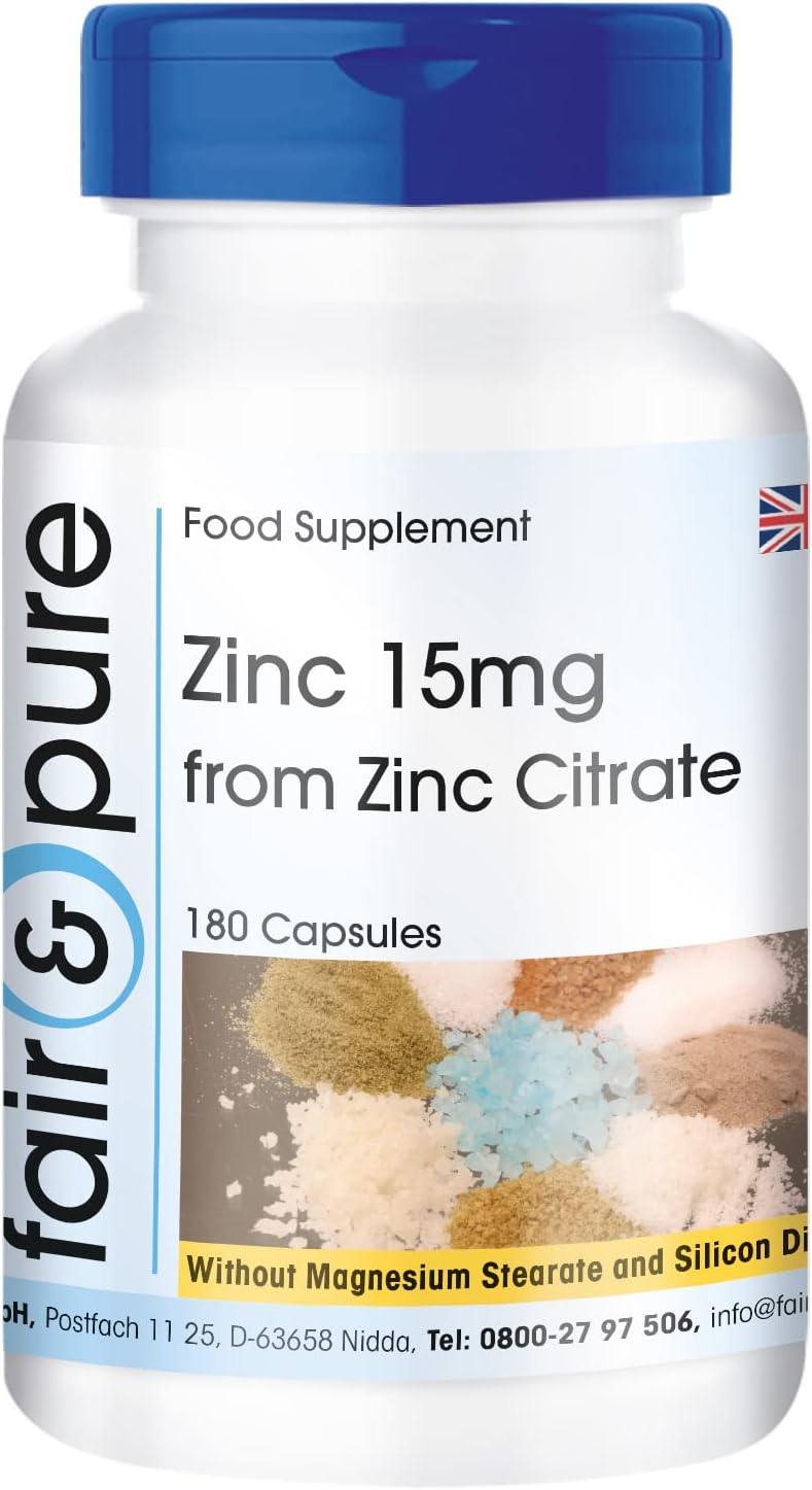 fair & pureZinc Supplement - zinc Citrate Contains 15mg zinc - Vegan - 180 Capsules