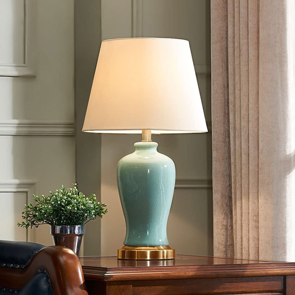 Lampada da Comodino/Scrivania Tradizionale in Ceramica Effetto Craquelé con Paralume Bianco, Dimmerabile, Dimensioni 38 * 68 Cm./Interruttore a Pulsante/33 * 60 cm