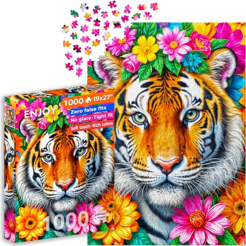 Puzzle 1000 pièces pour Adultes - Portrait d'un Tigre majestueux avec Fleurs | Finition Mate antireflet | Puzzle Amusant et exigeant | 68 x 48 cm | Cadeau Original | Enjoy