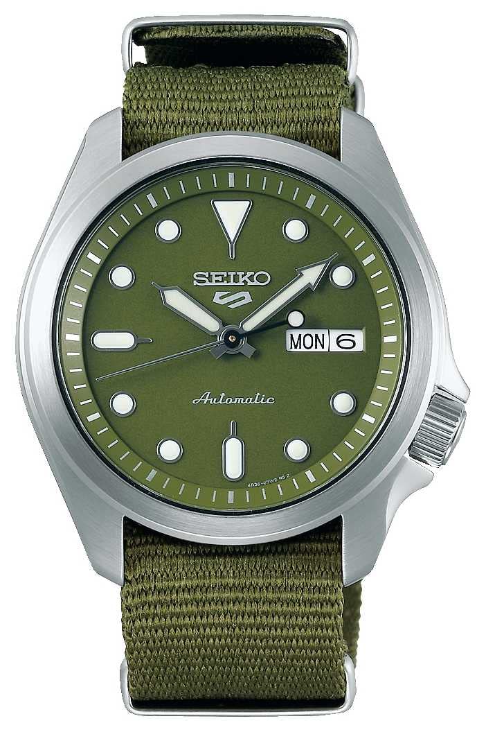 Seiko 5 SRPE65K1 zegarek męski sportowy, zielona tarcza, zielony nylonowy pasek