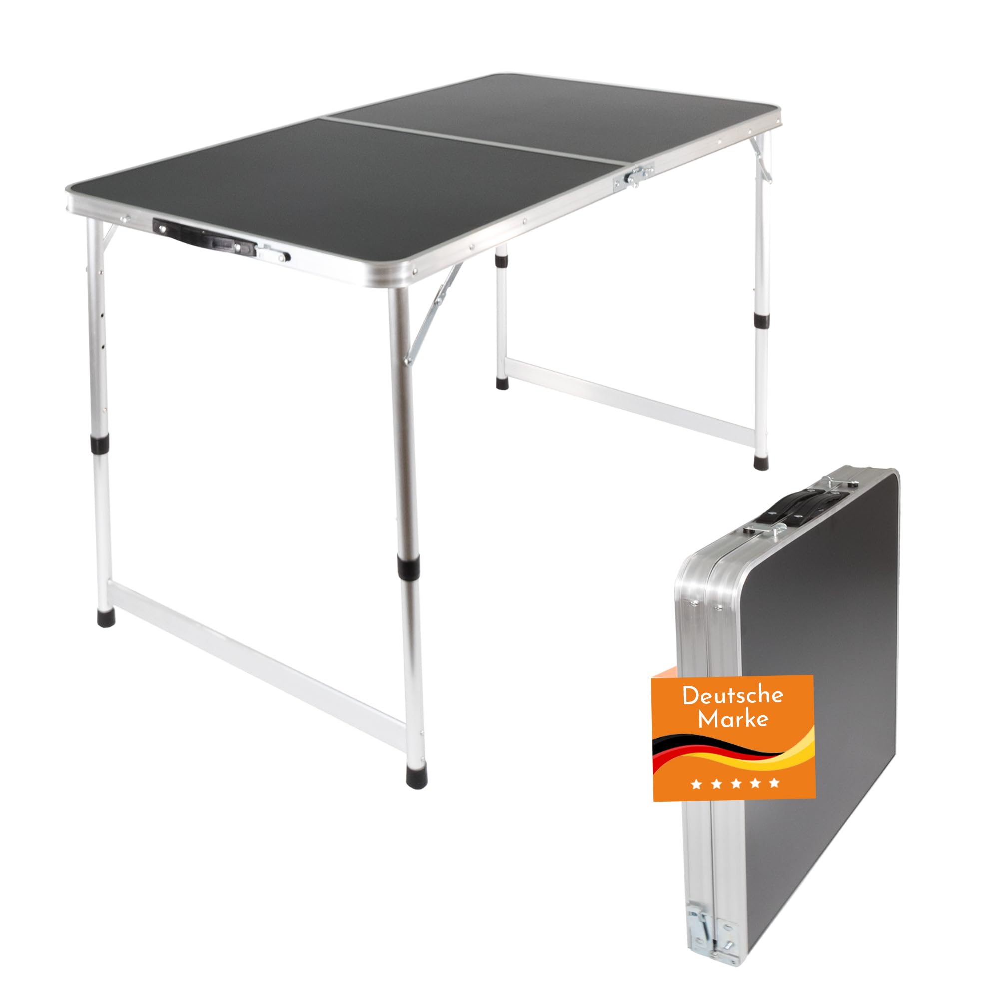 Lemodo Campingtisch schwarz klappbar | Klapptisch 3-Fach höhenverstellbar | Falttisch 120 x 60 cm | Leicht zu transportierender Partytisch | Koffertisch für Verschiedene Anwendungen