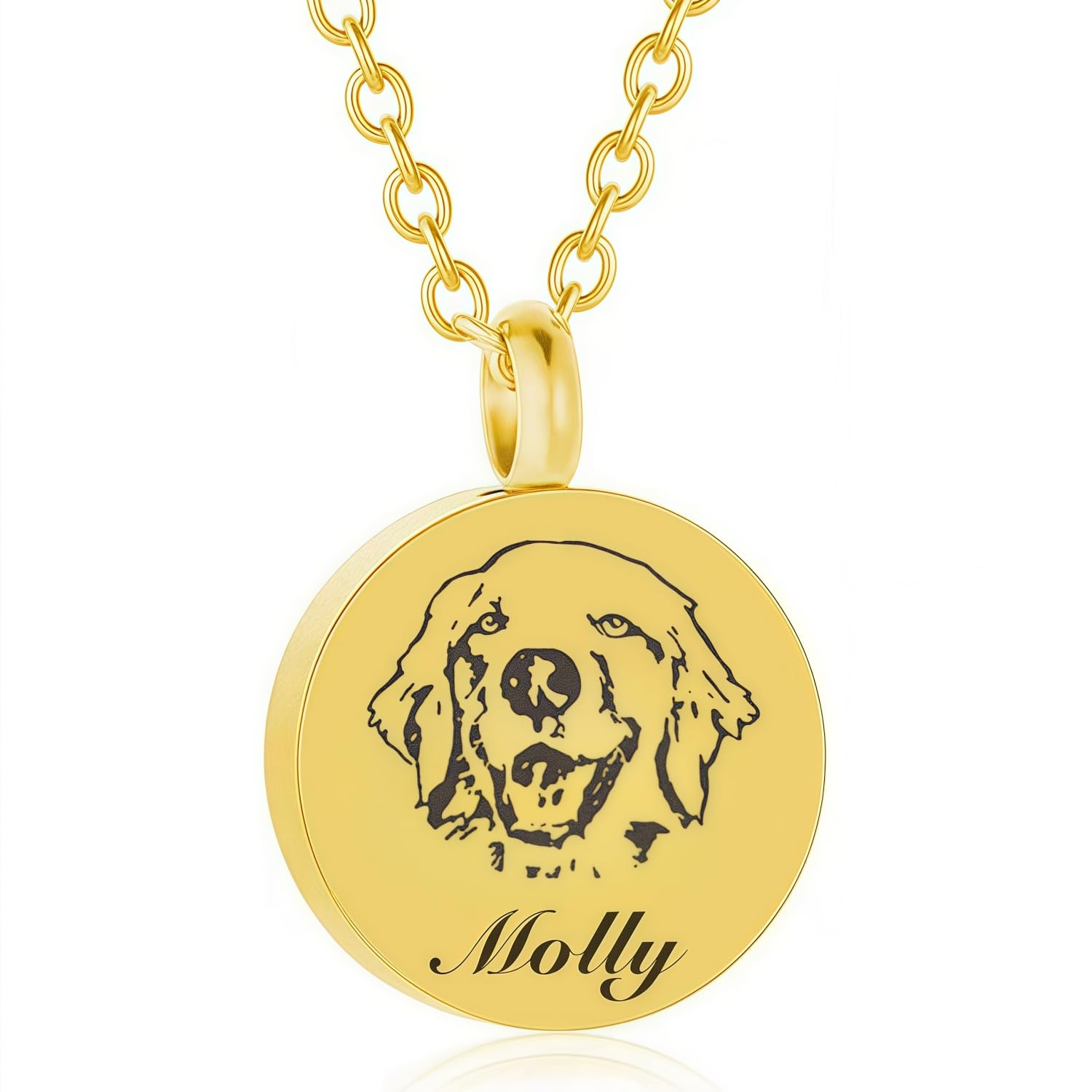 TSD Custom Personalized Circular Pet Memorial Necklace - Custom Pet Portrait Name Engraved Cremation Jewelry for Ashes Stainless Steel Urn Pendant Necklace for Dog Cat Lovers Memorial (Golden)