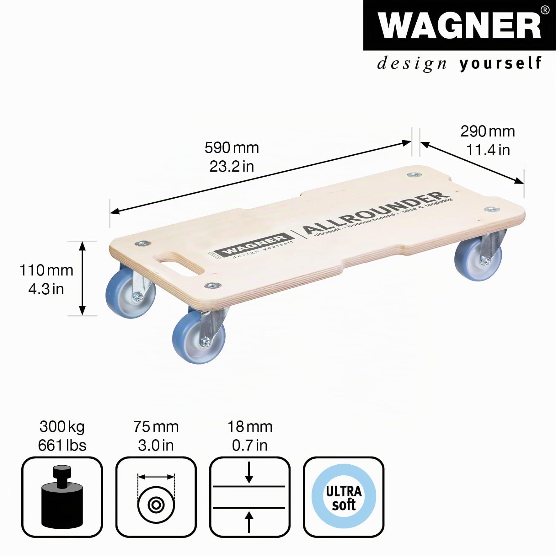 Wagner Chariot de Transport MM 1325 I 59 x 29 x 11 cm - Charge 300 kg - pour Objets encombrants, matériel et Meubles I 3 poignées encastrées I certifié FSC® - 20132501