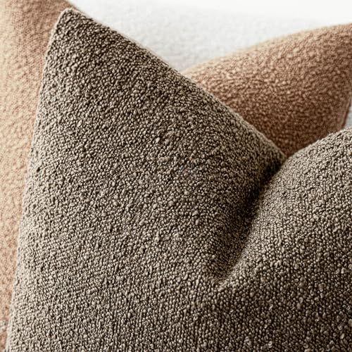 Image of Foindtower Set of 2, Decorative Textured Boucle Throw Pillow Covers Accent Solid Pillow Cases Soft Cozy Couch Cushion Case for Chair Sofa Bedroom Living Room Home Decor 24x24 Inch Light Brown