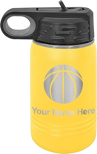 Vista 217 de LaserGram Botella de agua personalizada, pelota de baloncesto, acero inoxidable de doble pared aislada al vacío con popote superior, regalo grabado