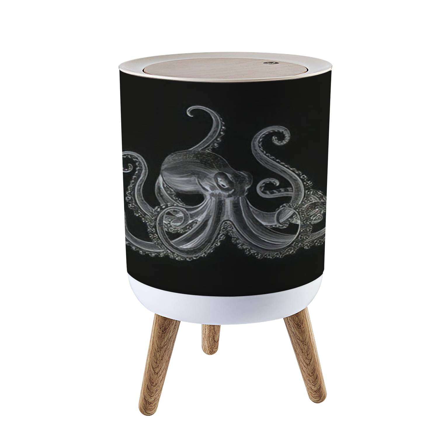 NBWEEMarine Animal Theme Small Trash Can with Lid Vintage Octopus Black Squid Ocean Garbage Bin Round Waste Bin Press Cover Dog Proof Wastebasket for Boy's Bedroom Bathroom Living Room 1.8 Gallon