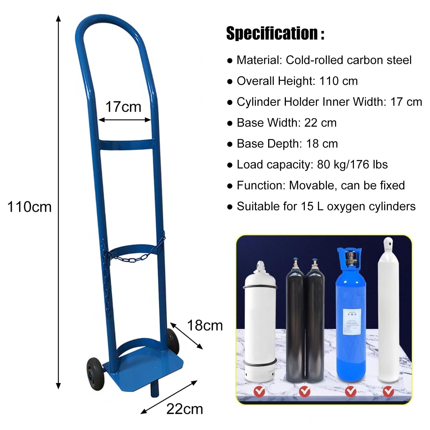 Generico Carrello Portatile per bombole di Ossigeno, Robusto Carrello in Acciaio con 2 Ruote, Ideale per ospedali, cliniche, Case di Cura e fabbriche (Blu, Altezza 110 cm)