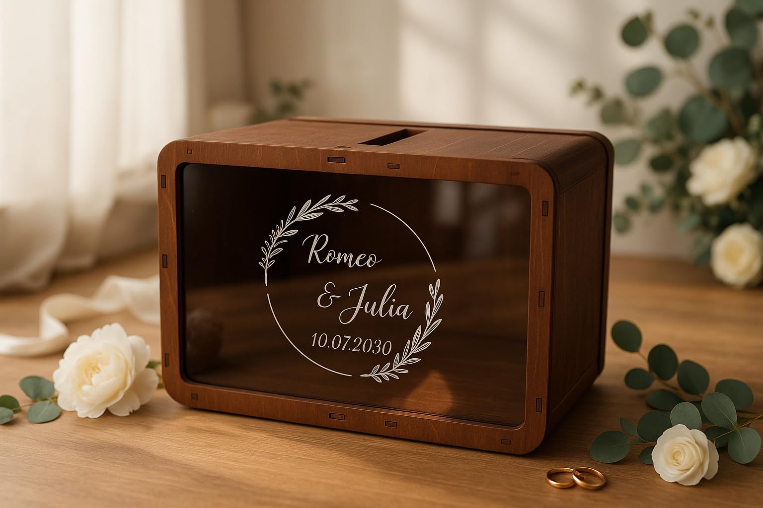 Happenings Hochzeitsbox, Geschenkbox, Gastgeschenk,Geldbox - Holz Personalisierte Geldumschlagbox - Acrylscheibe Gravur Namen & Datum - Boho, Vintage, Rustikal Stil