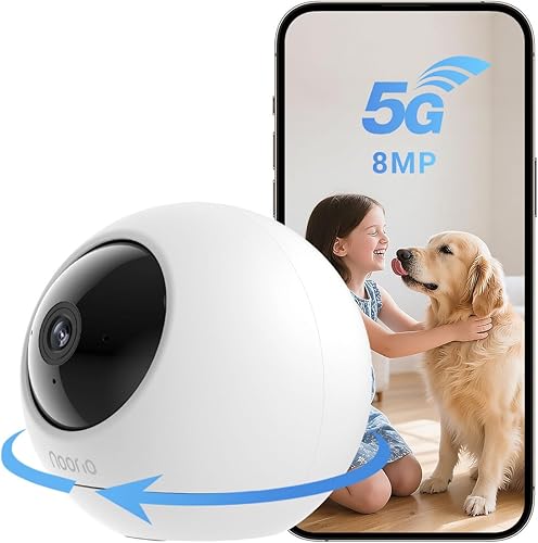 Noorio Cámara de seguridad para interiores 4K con WiFi de 5 GHz, cámara para mascotas con inclinación panorámica de 360 para perros y gatos, monitor