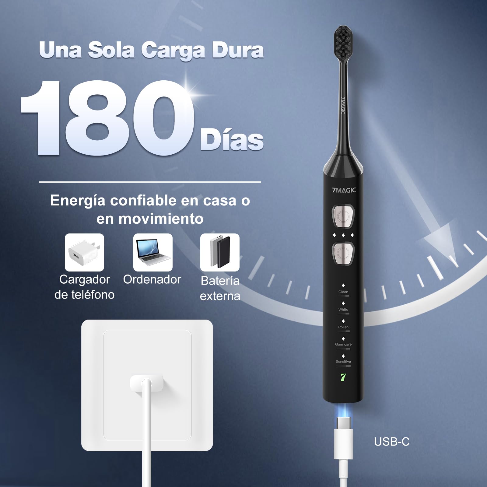 Cepillo de Dientes Eléctrico, Cepillo Electrico, Cepillos de Dientes Eléctricos Sónicos, Cepillo Dientes Electrico - Autonomía 180 Días, 3 Intensidades, 5 Modos, 40000VPM, IPX7, Negro