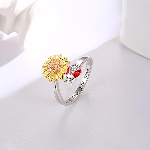 Miniatura 4 de oGoodsunj Anillo antiansiedad de plata esterlina 925 para mujer girasol abeja mariquita mariposa giratorio anillos tranquilos regalos de joyería