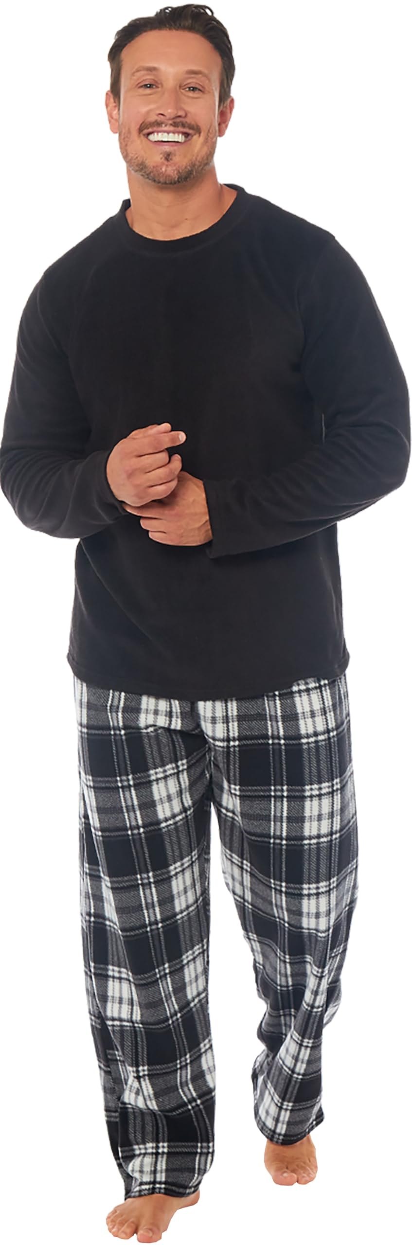Michael Paul Men's Black (Check) Soft & Cosy Fleece Pyjamas | Warm Pj Set Nightwear Sleepwear Loungewear Modern Set With Check Bottoms | Soft Twosie Pyjama Set For Gifts For Him Black Check Xl