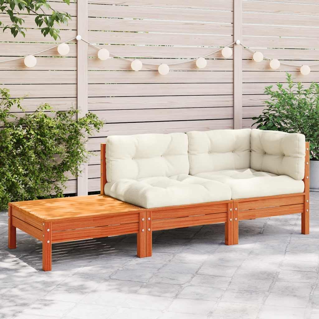 Patio Sofa Wax Brown 9.8 x 29.3 x 9.7 in Solid Pine Wood Modular Outdoor Loveseat with Cream Cushions Convertible Footstool for Garden, Balcony, Deck
