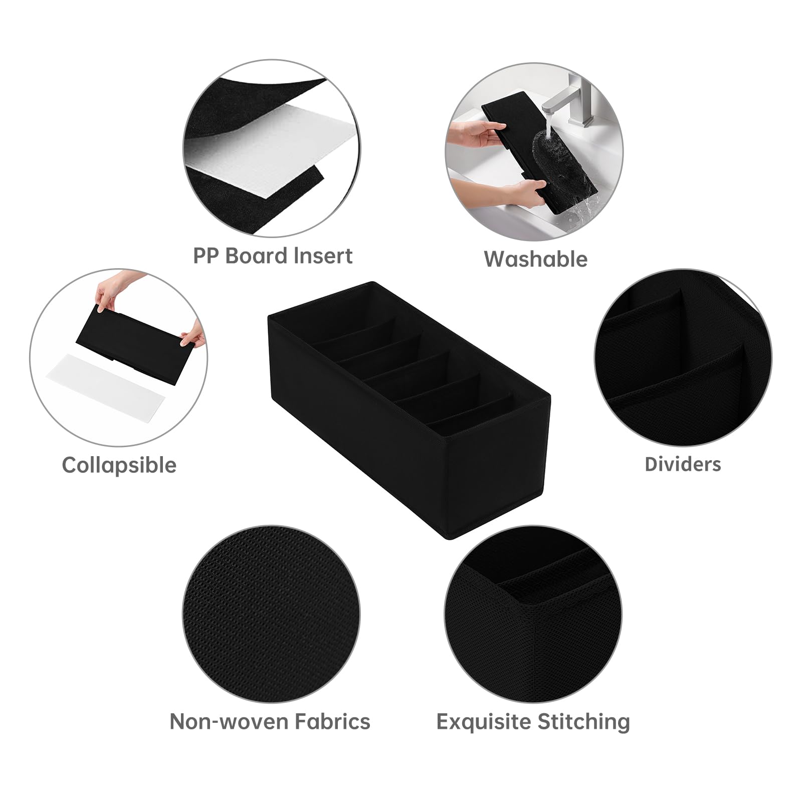 Gürtel-Organizer aus Stoff mit 6 Fächern pro Organizer, faltbare Schubladen-Organizer für Schrank und Schublade, Gürtel und Krawattenhalter, Schwarz, 3 Stück