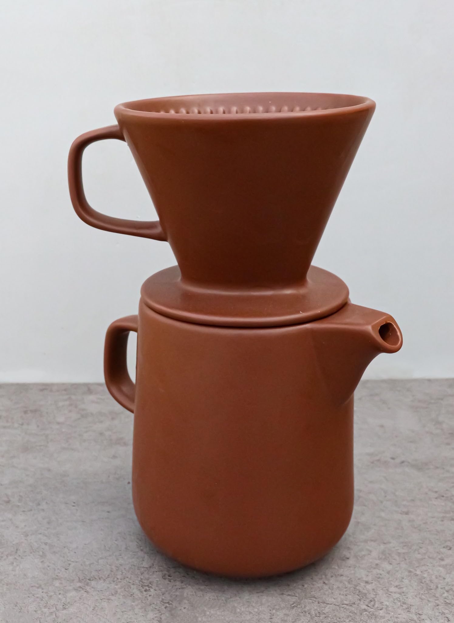 Ebros Gift Colorful Matte Finish Porcelain Portable Personal Artisan Hand Crafted Barista Style Coffee Maker Carafe Pot Flask With Pour Over Dripper Filter Cup Set (Brown)