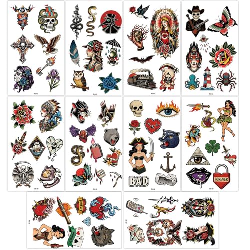Qpout 10 Feuilles De Tatouages Temporaires Classiques Style Old School, Fleurs Traditionnelles Roses,Tatouages Corporels ColoréS RéTro Pour Bras,...