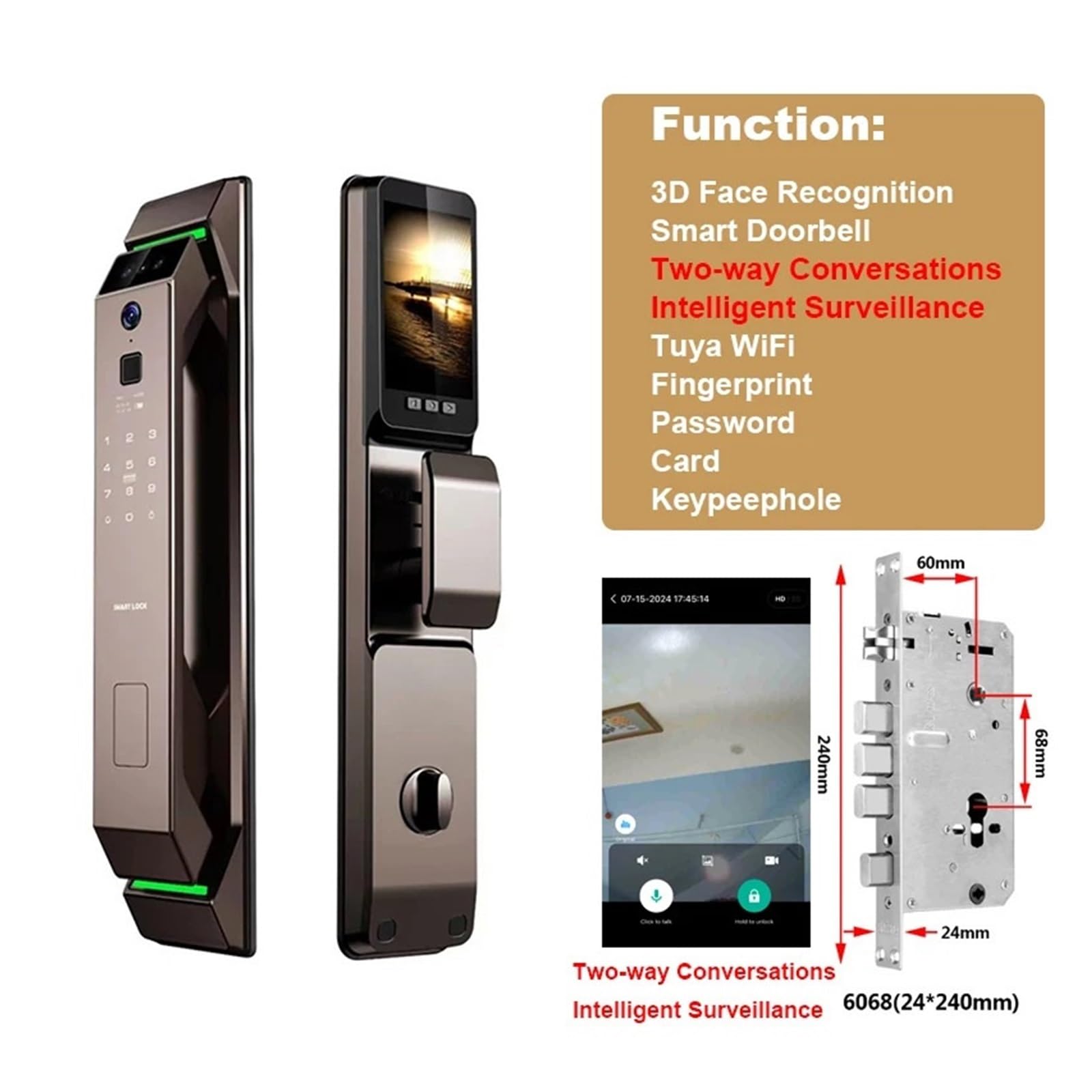 Serrure de porte intelligente avec reconnaissance faciale 3D, empreinte digitale, mot de passe, caméra WiFi, carte RFID, sécurité d'entrée sans clé pour la maison