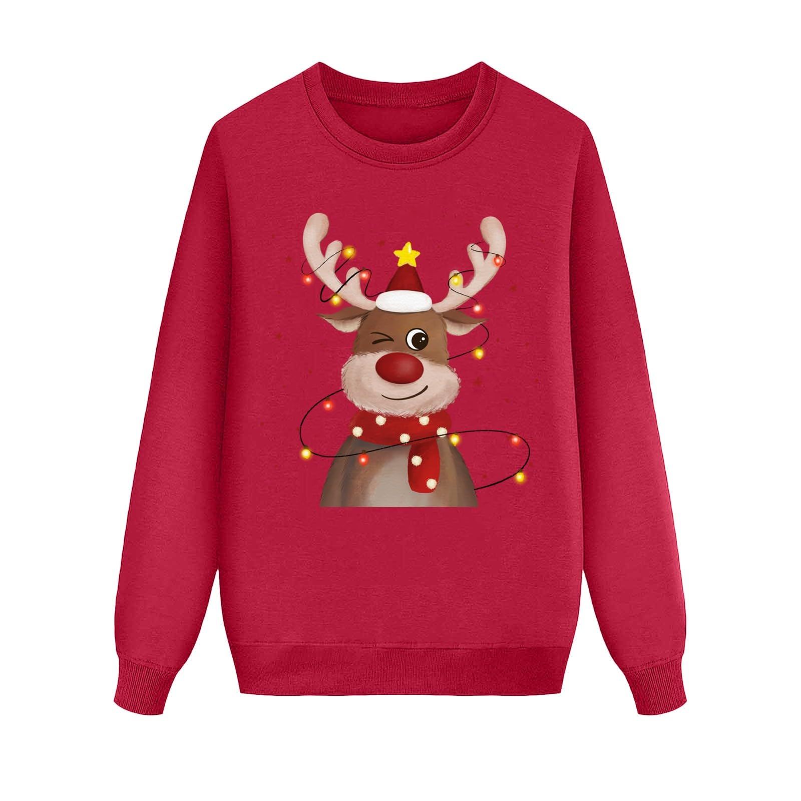 Suéter de Navidad Familia Jersey Invierno Estampado de Ciervos Cálido Cuello Redondo Pullover Punto