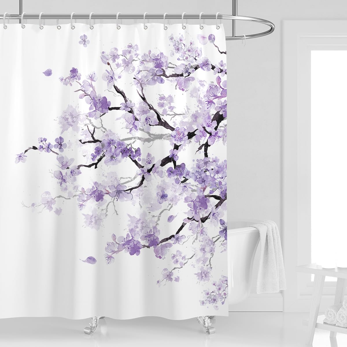 Kikiry Purple Cherry Shower Curtain 60''W x 72''L Spring Sakura Floral Plum Blossom Flowers Japanese Asian Bathroom Curtains Plant Leaves Polyester