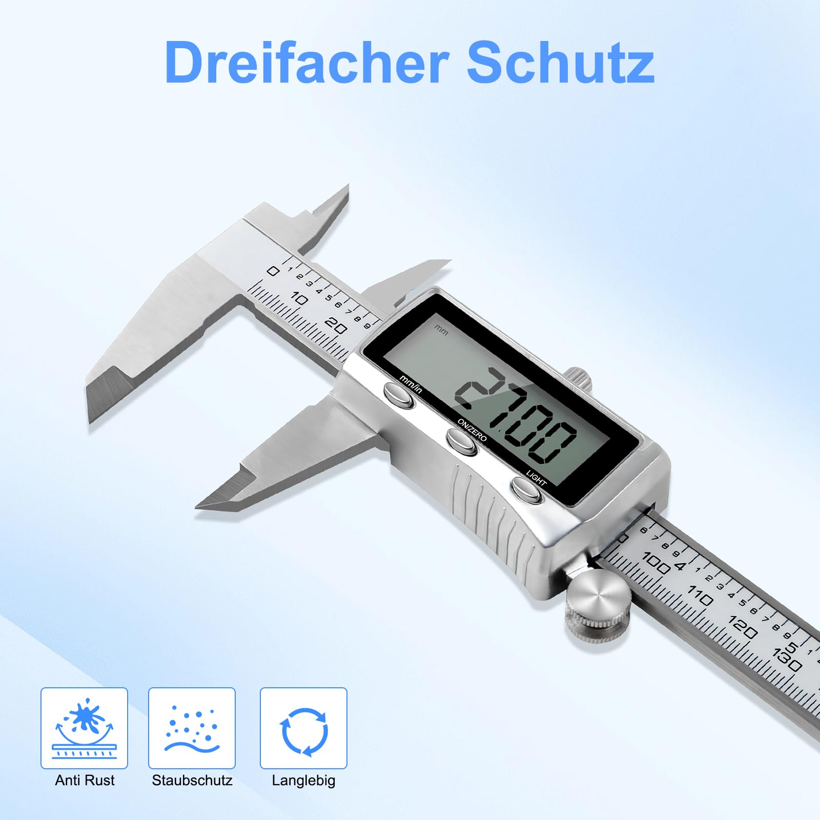 Digitaler Messschieber 150mm Edelstahl, USB-C Wiederaufladbar, IP54 Schutz, ±0,02 mm Präzision, Schieblehre mit Beleuchtetem LCD-Display, mm/Zoll
