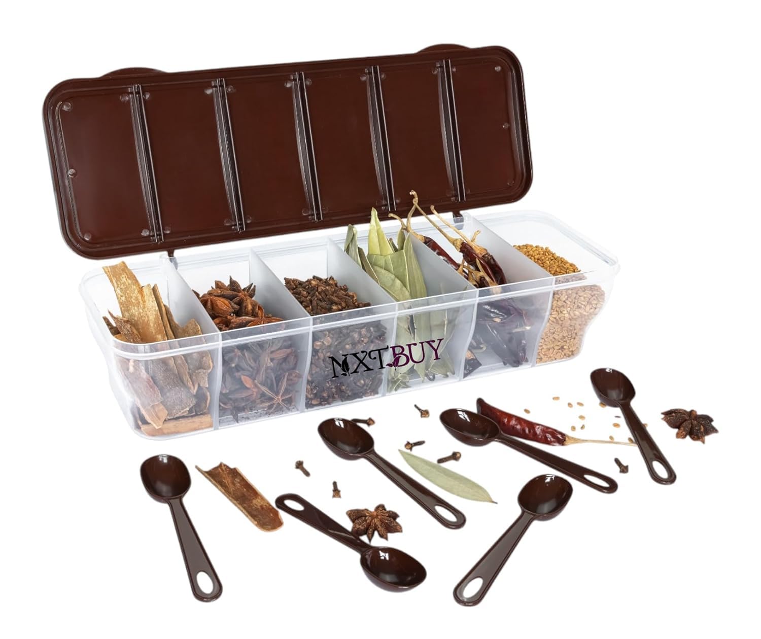 Multipurpose 6-in-1 Masala Box for Kitchen – Airtight Spice Storage Organizer with Transparent Lid for Daily Cooking, Serving & Easy Access (Brown, 6 in 1)-image-7