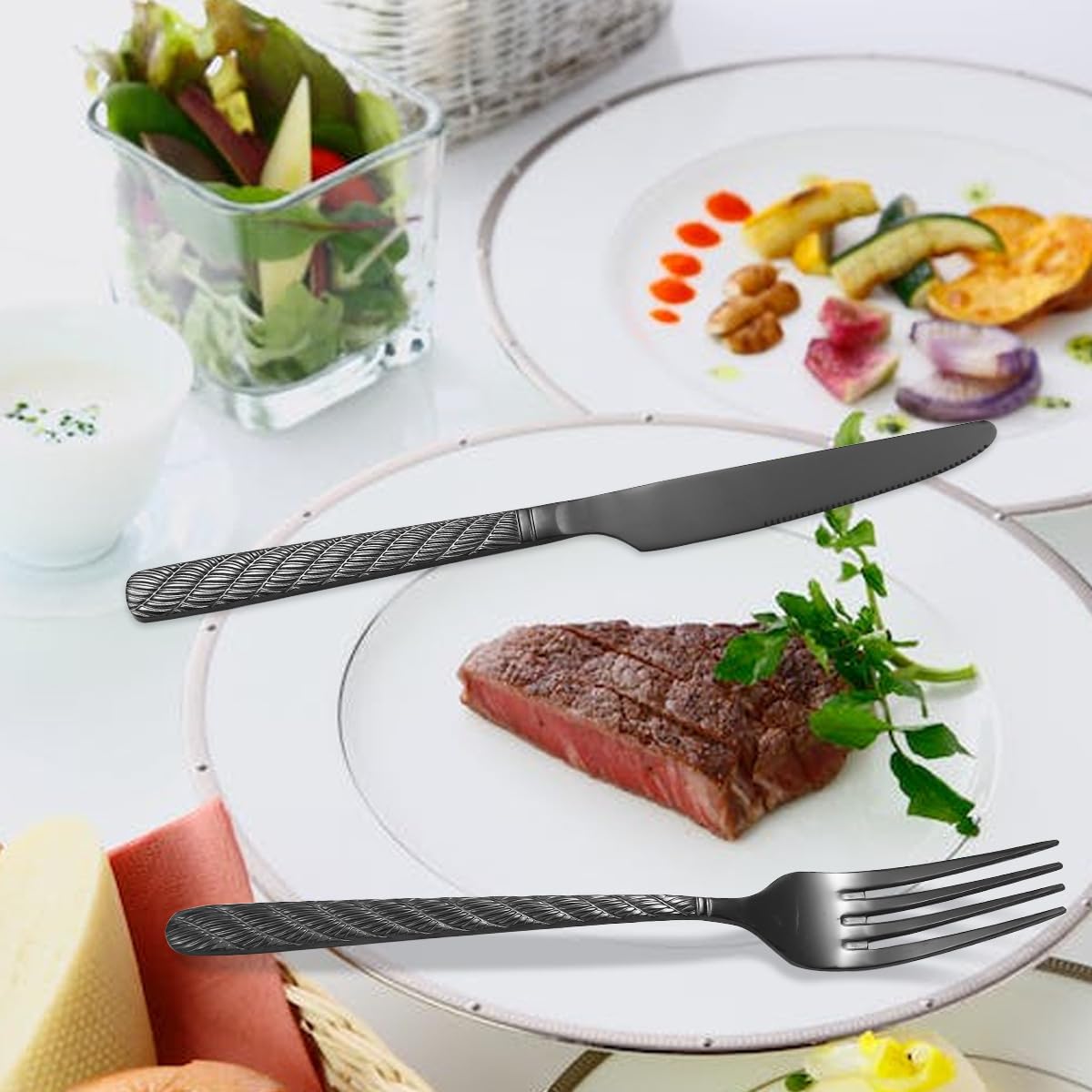 Ce Service de Couverts, composé de 5/20/30/40/50/60 pièces en Acier Inoxydable avec Manches torsadés, Comprend Un Couteau à Steak, Une Fourchette et Une cuillère. Idéal pour Les hôtels et re