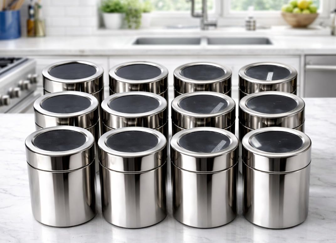 ATROCK Containers For Kitchen Storage | Jars & Containers Set of 12 With 12 Spoon | Grocery Container 175ml Each Container | Stainless Steel Storage Containers | Spice Containers, Silver-image-19