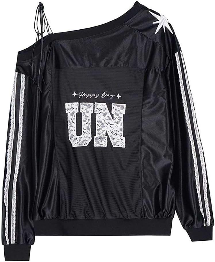 Women's Black Off-Shoulder Tie Long Sleeve Top Punk Street Lace Letter Print Star Oversize Fit Casual Tee Shirt - Image 6