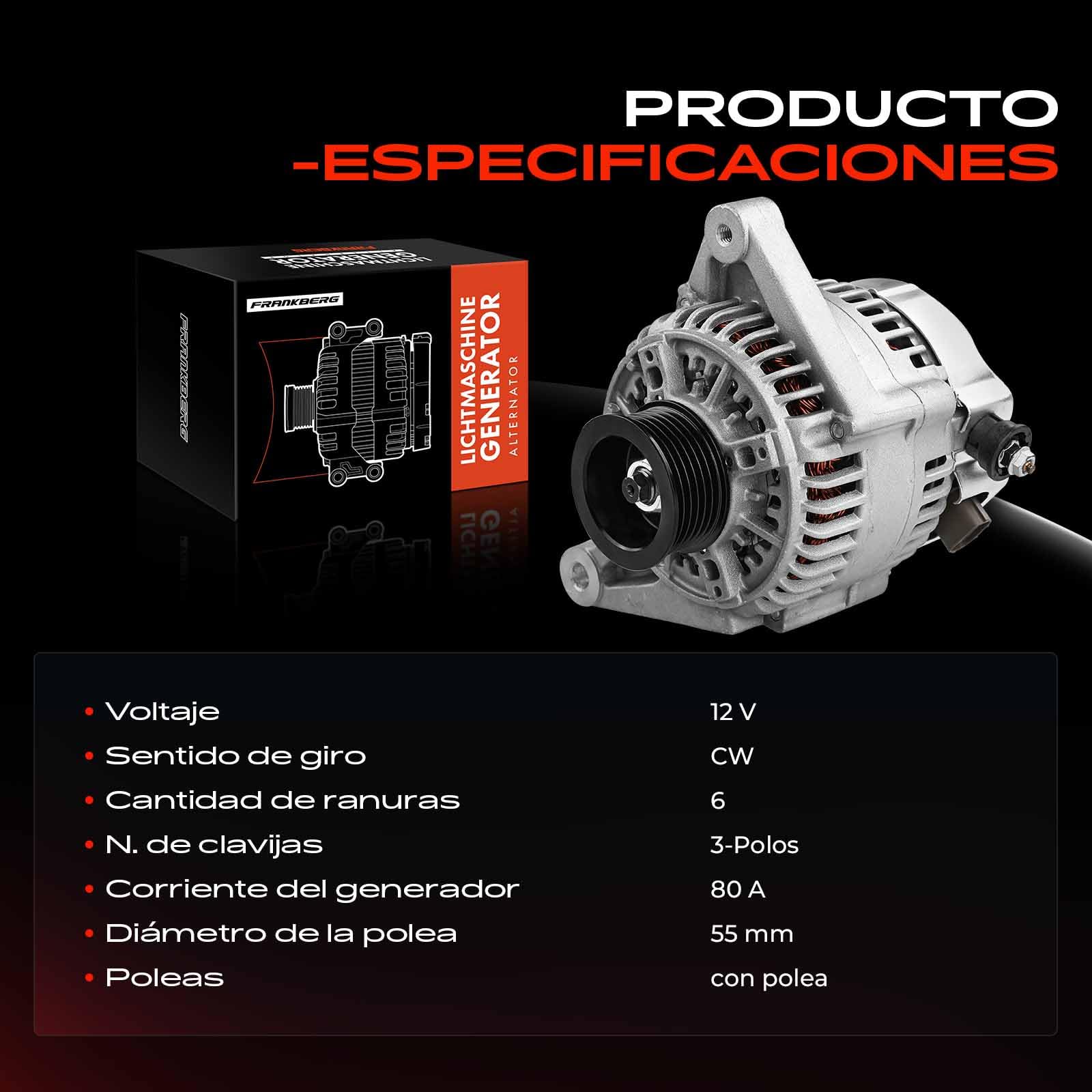 Frankberg Generador alternador 80A 1022111920 | 80A, 1022111920; Compatible con: Urbanización C.o.r.o.l.l.a E12, C.o.r.o.l.l.a Compact E11, MR 2 III ZZW3