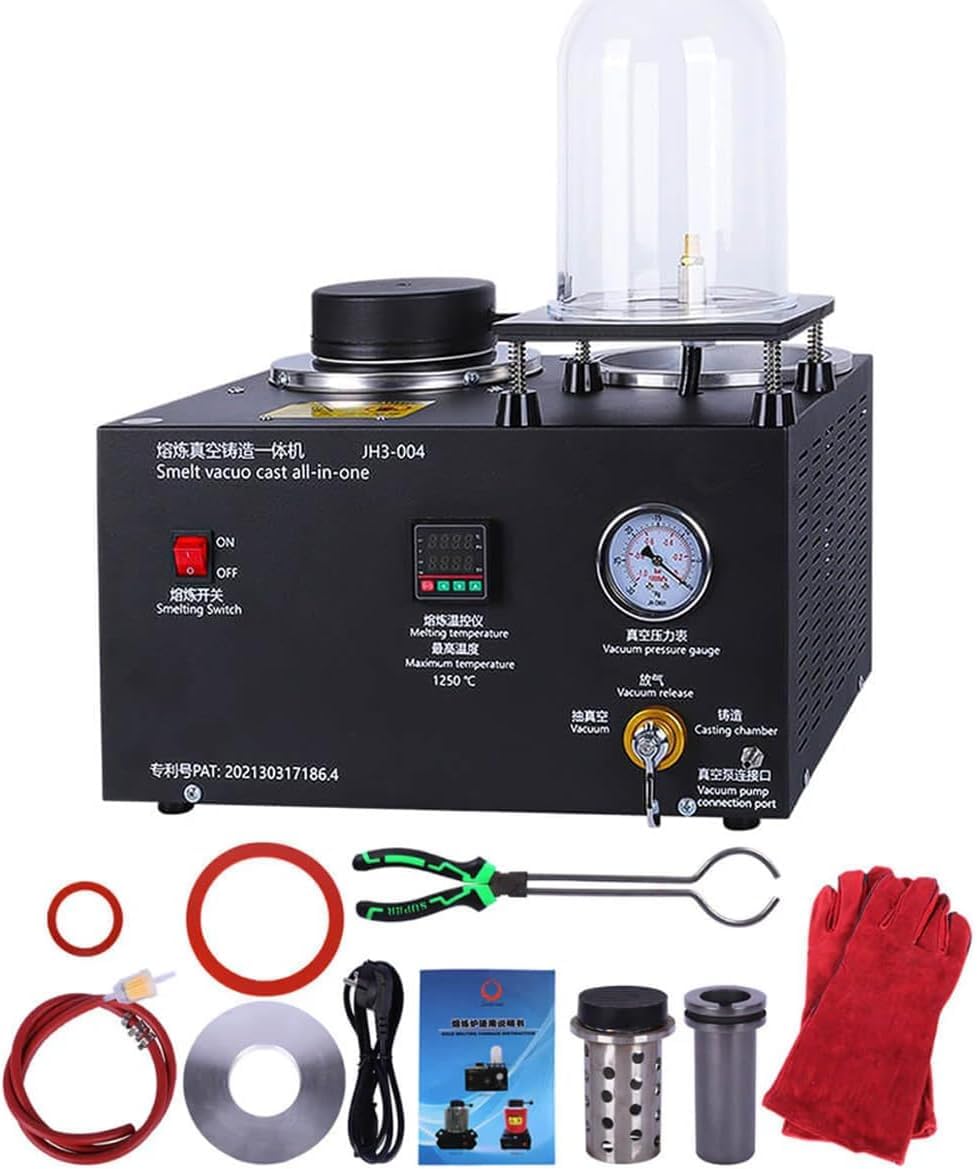 Cast Vacuum and Melting Machine Digital Display High Temperature Refining, 3CFM 1/2HP 2L Metal Jewelry Casting Machine 2KG Gold Melting Furnace with Graphite Crucible for Making Jewelry Smelting Scrap