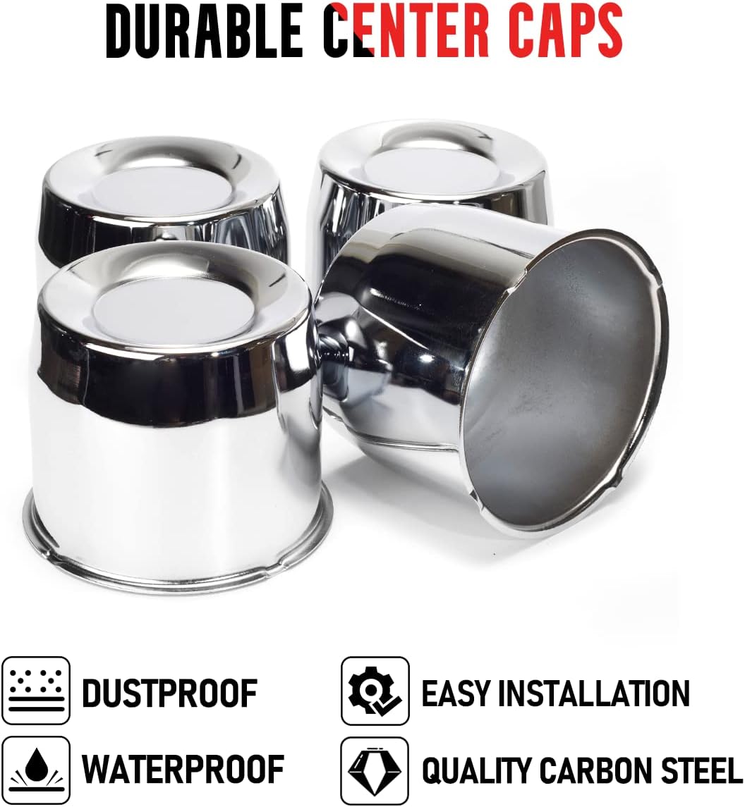 RTrhinotuning 4pcs 5.15in Push Through Wheel Center Caps Chrome Silver Truck Trailer Wheels Hub Caps 4.31in Height