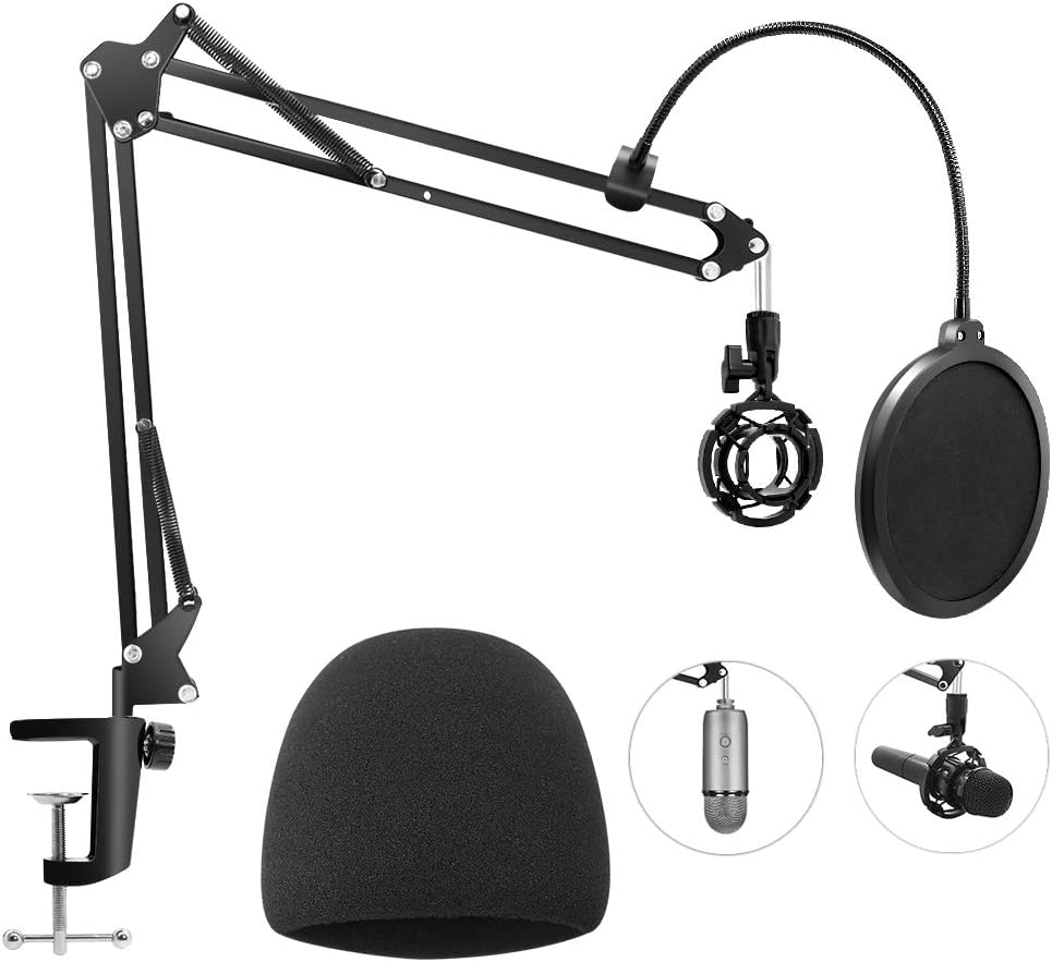 Microphone Stand for Blue Yeti, Geekroom Adjustable Suspension Boom Scissor Arm Stand with 3/8"to 5/8" Screw Adapter Shock Mount Windscreen Pop Filter Mic Clip Holder