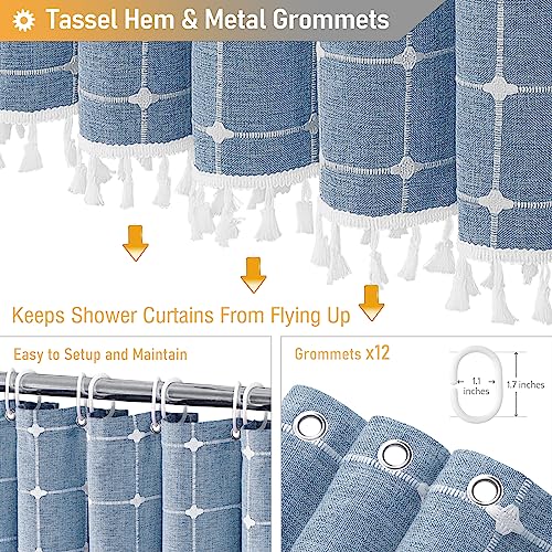 Image of BTTN 78 Inch Long Shower Curtain - Boho Farmhouse Linen Ultra Thick Fabric Shower Curtain Set with Plastic Hooks, Tall Rustic Country Weighted Cloth Shower Curtains for Bathroom Decor - Blue - 72x78