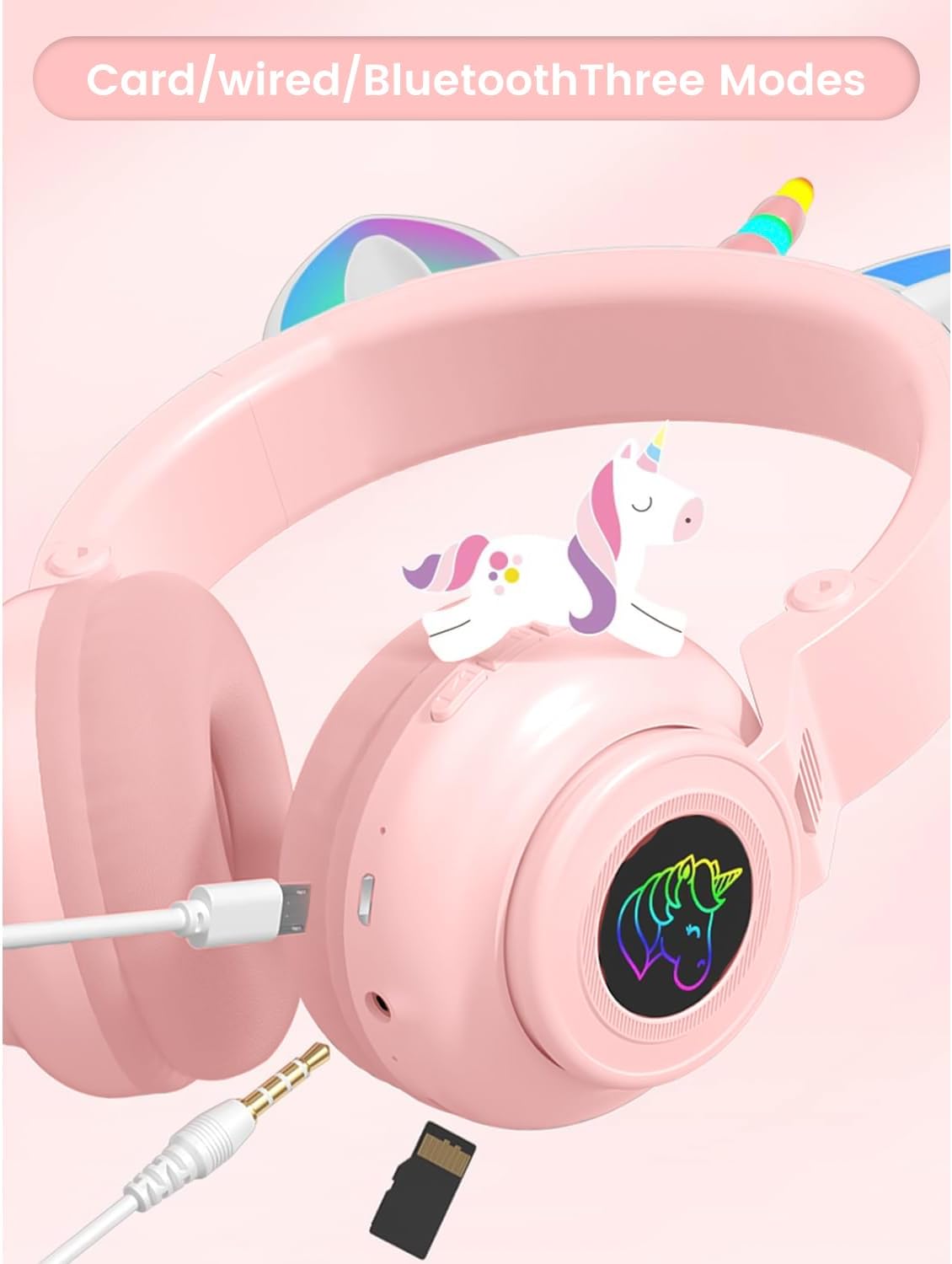 Unicorn Kids' Bluetooth Headphones,Foldable Wireless Headphones for Children with Cable and Microphone Earphones Volume Control,Unicorn-Inspired Gift Design for Birthday Gift & Christmas (pink)